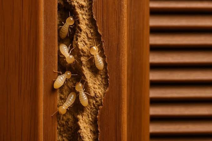 Termitas en grieta de madera — actividad de infestación
